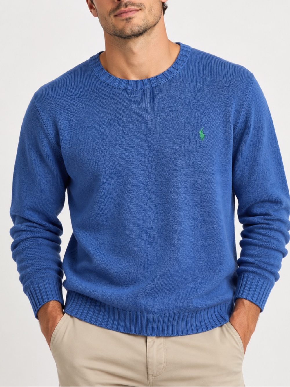 Polo Ralph Lauren 100% Cotton Crewneck Sweater Size L Cobalt Blue Knit Logo